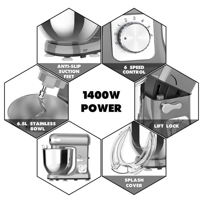 Advwin 6.5L 1400W Stand Mixer 6-Speed Grey