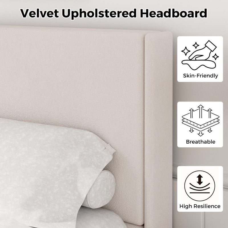 Beige velvet upholstered headboard with icons indicating skin-friendly, breathable, and high-resilience properties.