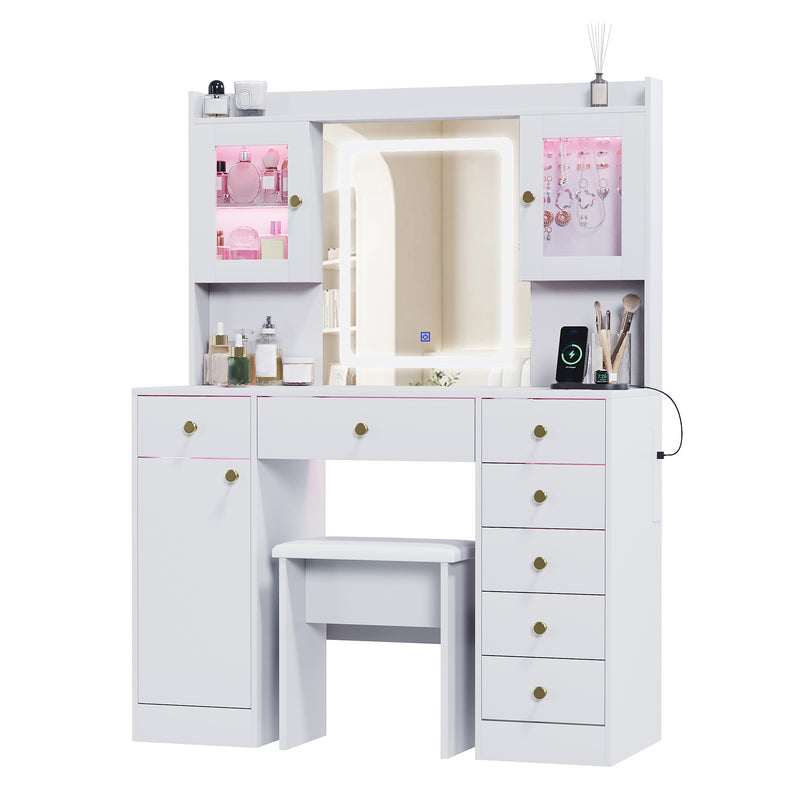Advwin Dressing Table Set w/ Glass Desktop LED Light