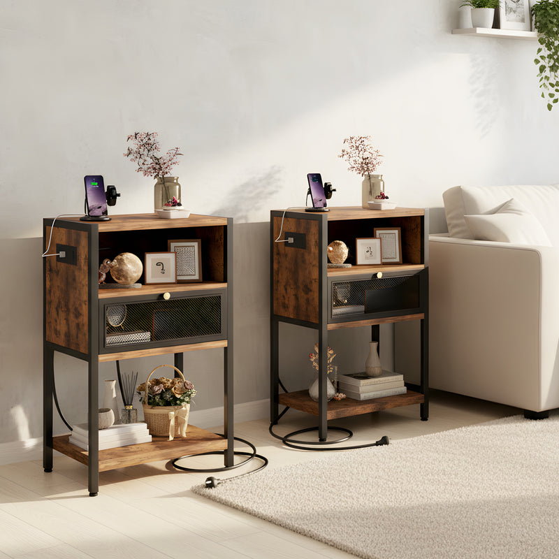 Advwin Bedside Table w/ Metal Mesh Drawer Set of 2