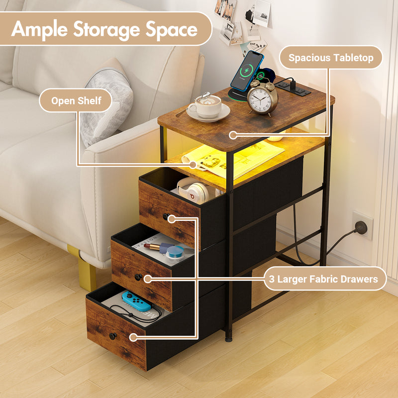 Advwin LED Narrow Bedside Table with Charging Station