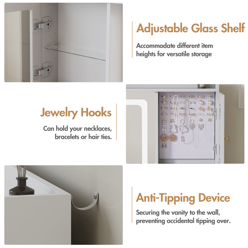 Advwin Dressing Table Set w/ Glass Desktop LED Light