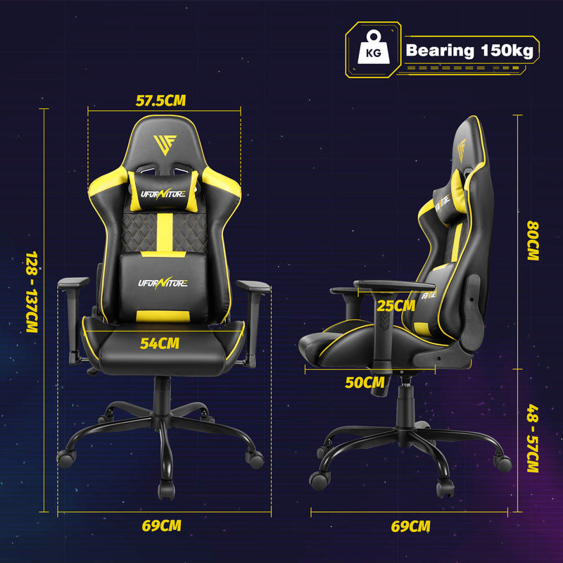 LED Light Gaming Desk & Gaming Chair Tilt 135° Yellow