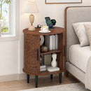 Advwin Oval Side Table w/ Fluted Sliding Doors &  Storage