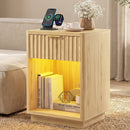 Advwin Fluted Wood Bedside Table w/ Charging Station