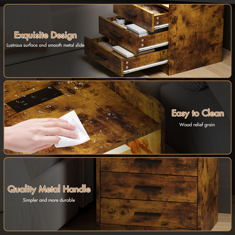 Advwin Bedside Table with Charging Station 3 Drawers