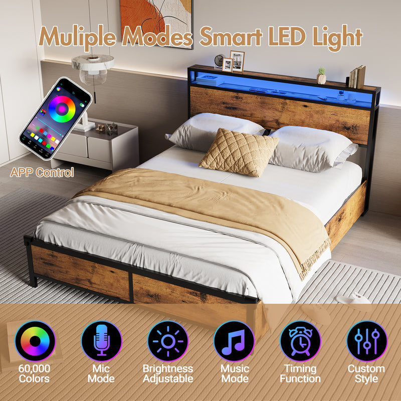 Advwin Bed Frame with 4 Storage Drawers & Charging Station