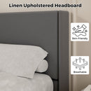 Gray upholstered headboard with bedding, featuring icons for skin-friendliness and breathability.