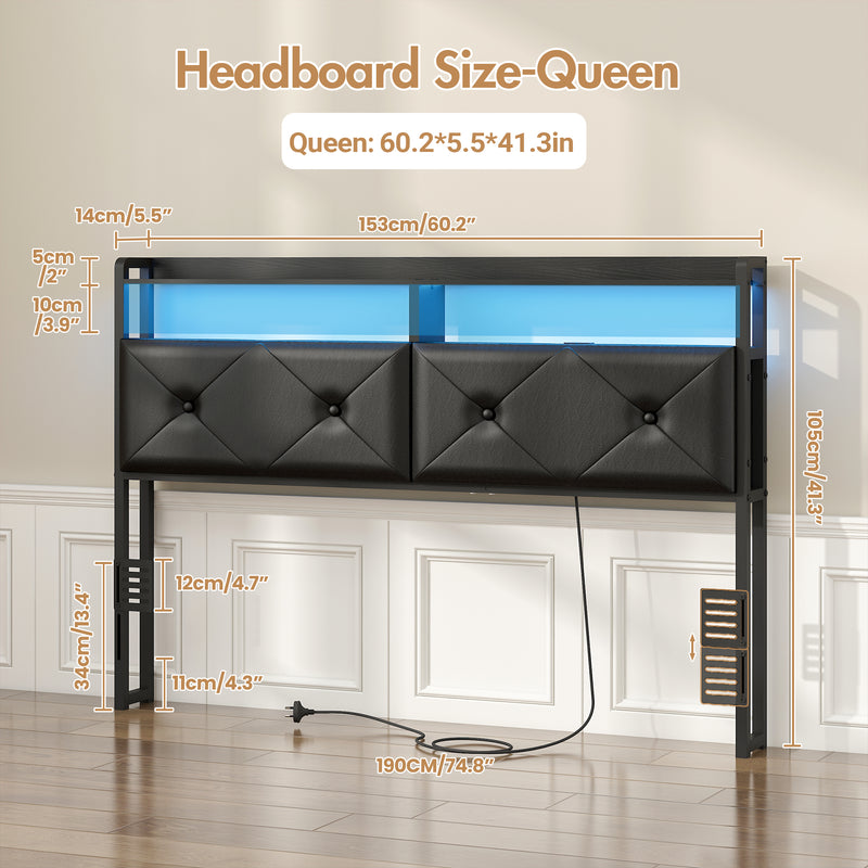 Advwin Headboard with LED Light Charging Station Black