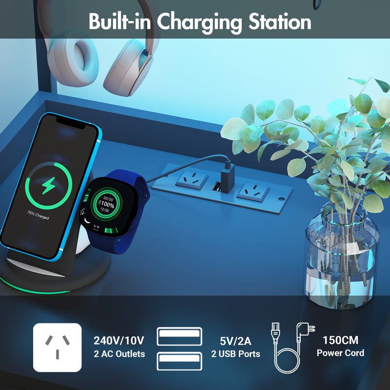Advwin Bedside Table with Charging Station LED Lights