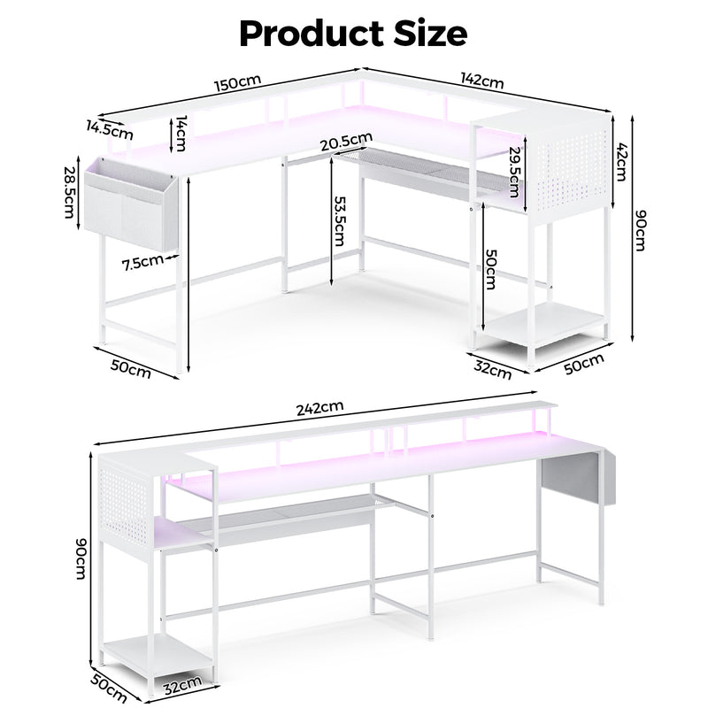 Advwin 150cm L Shaped Computer Desk w/ LED Lights