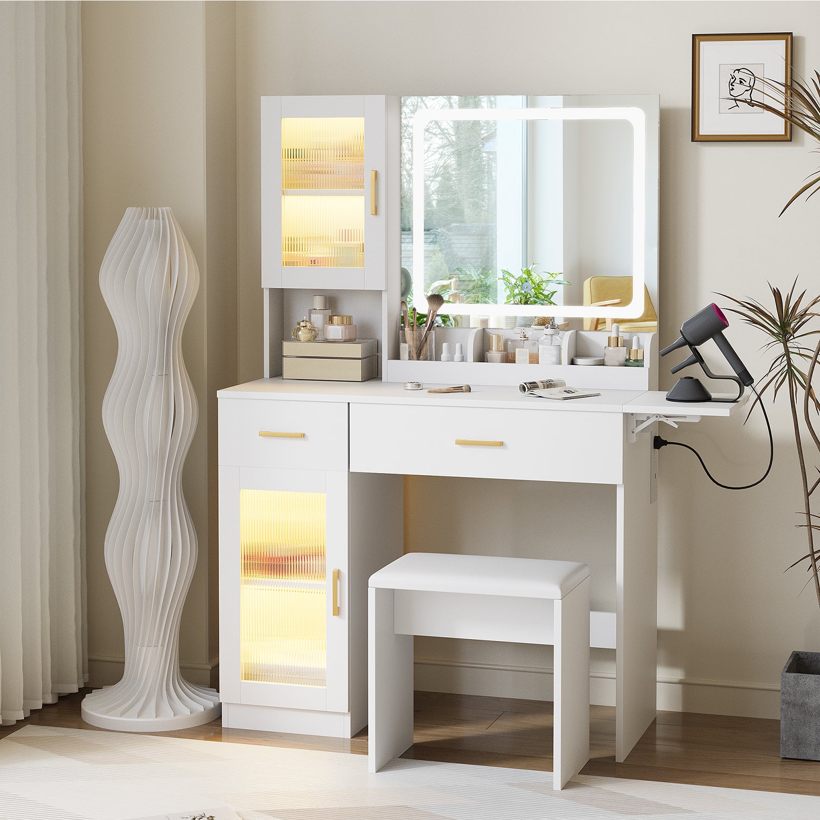 Advwin Dressing Table with LED Mirror & RGB Cabinet White