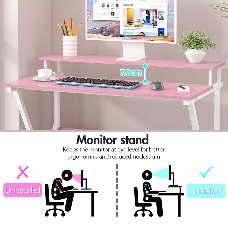 Advwin 80cm Computer Desk with Monitor Stand Pink