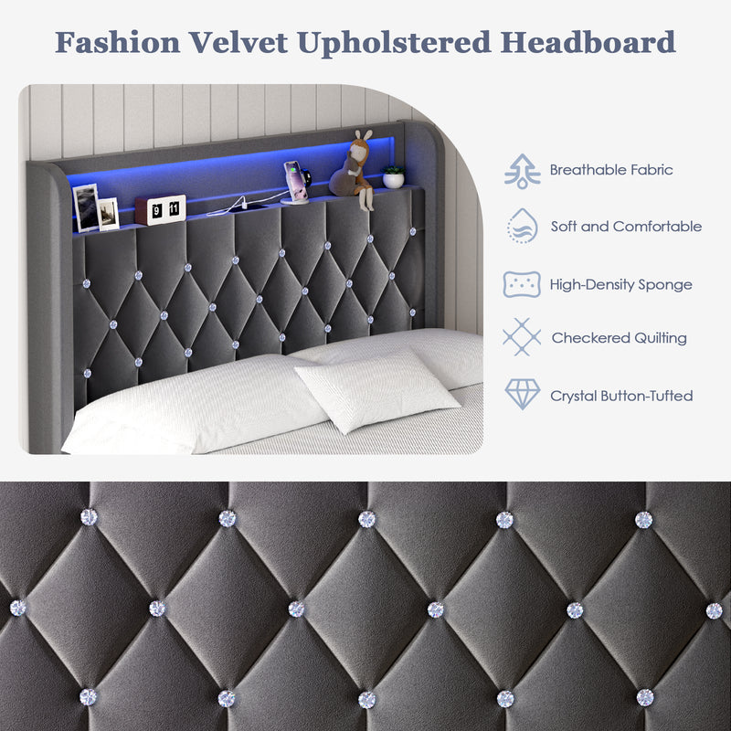Advwin LED Bed Frame with Velvet Upholstered Headboard