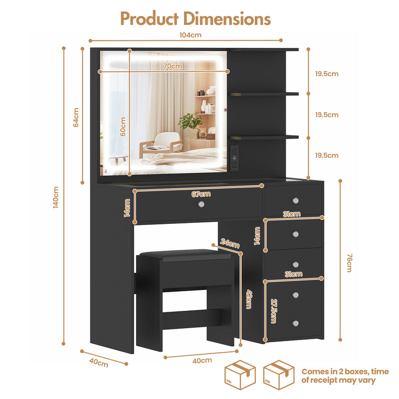 Advwin Dressing Table Stool Set Glass Tabletop Black