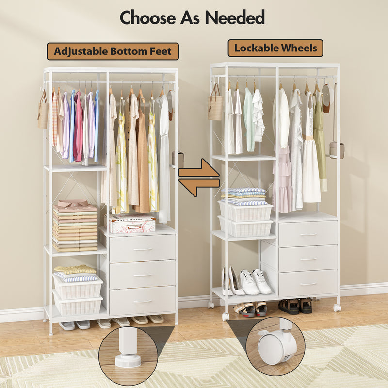 Advwin Clothes Rack with Fabric Dresser Drawers White