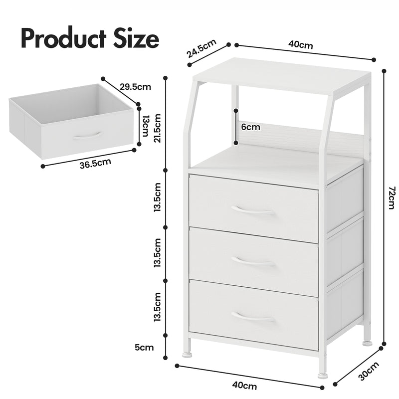 Advwin Bedside Table White w/ 3 Fabric Drawers (Pre-Order)