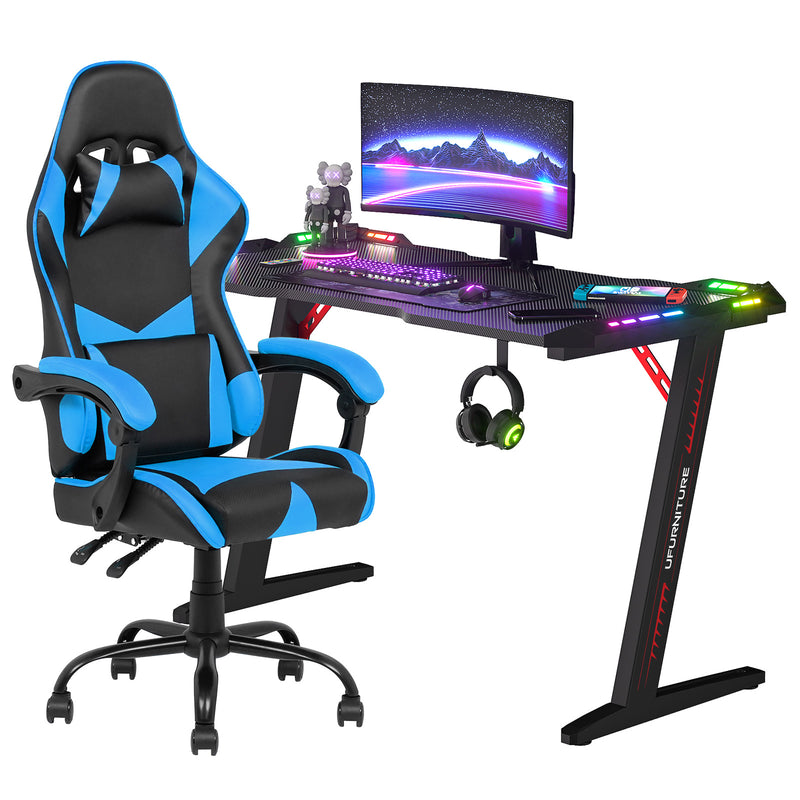 LED Light Gaming Desk & Gaming Chair Tilt 135° Blue