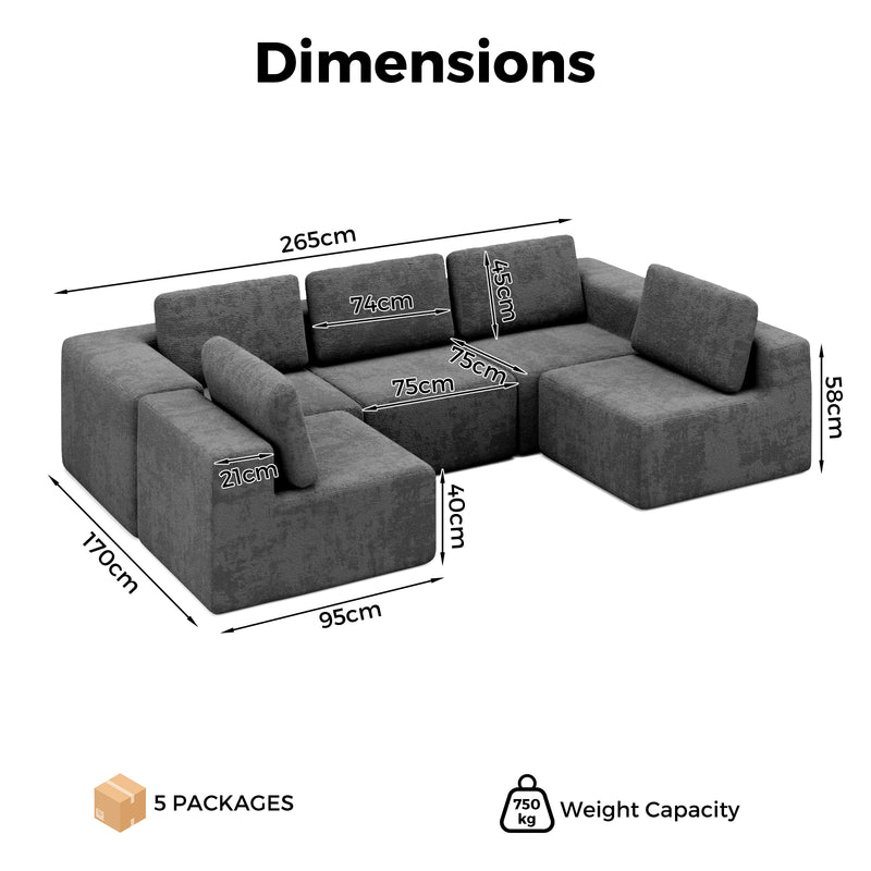 Advwin 5 Seater U-Shaped Chenille Modular Sectional Sofa