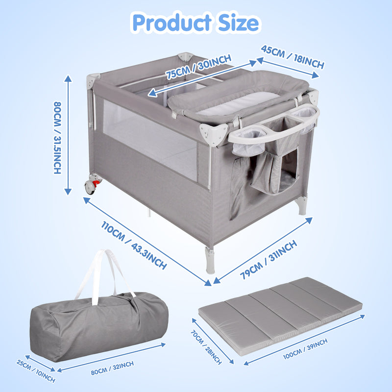 Advwin 4 in 1 Foldable Baby Portacot with Bassinet Grey