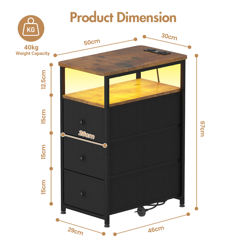 Advwin LED Narrow Bedside Table with Charging Station