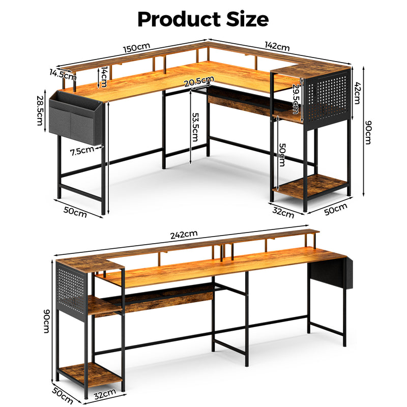 Advwin 150cm L Shaped Computer Desk w/ LED Lights
