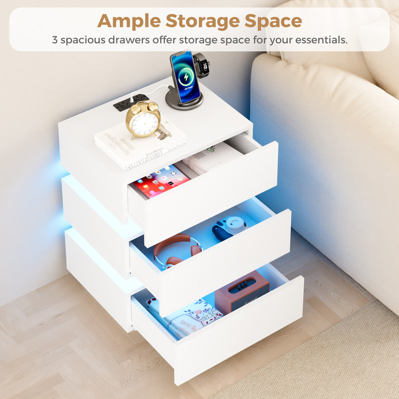 Advwin Bedside Table 3 Drawers With with Charging Station