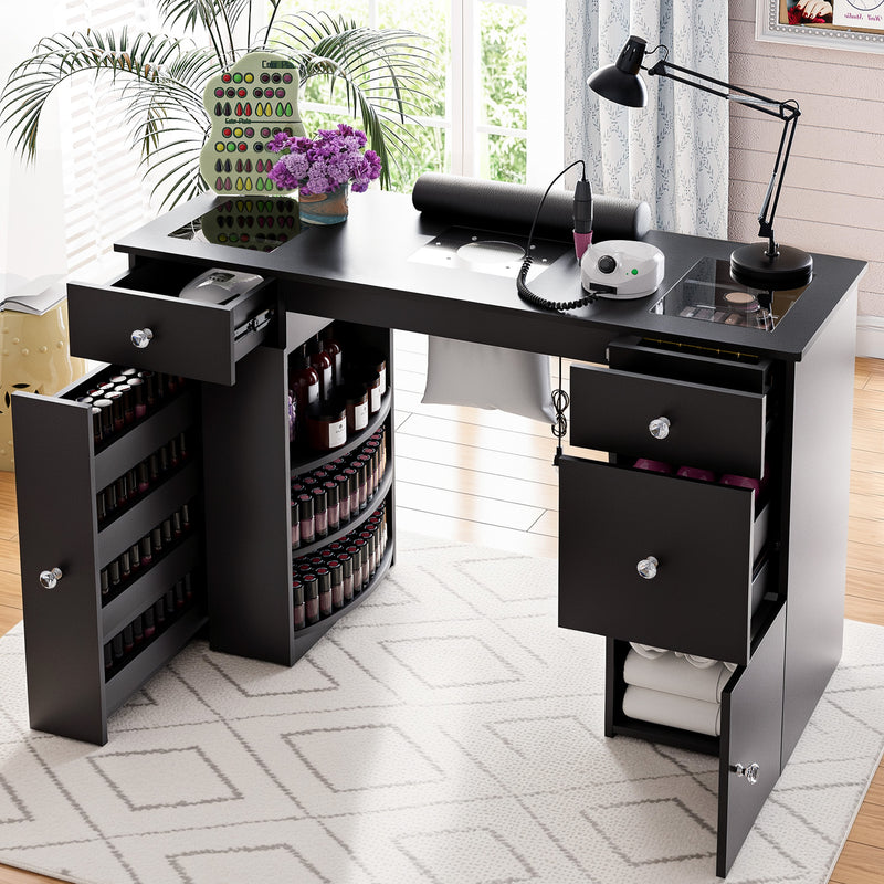 Advwin Manicure Table Glass Top w/Dust Collector Black