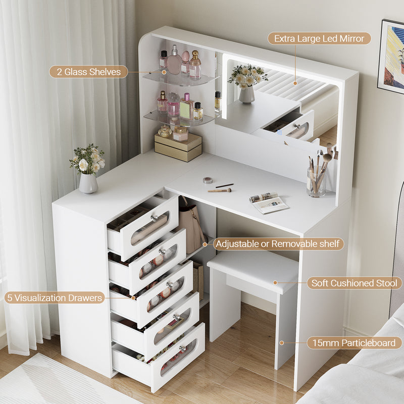 Advwin Corner Dressing Table with LED Mirror and Drawers