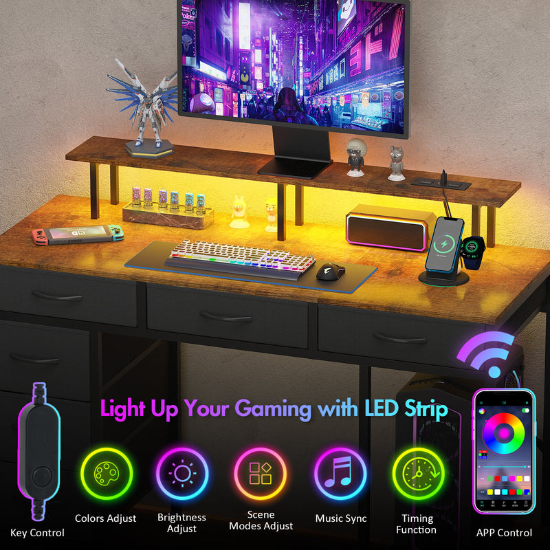 Advwin 120cm Gaming Desk with LED Lights & Drawers