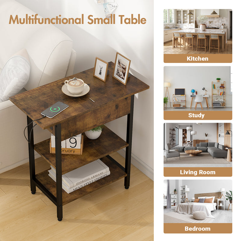 Advwin Side Table Flip Top Night Stand with Charging Station