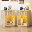 Advwin Fluted Wood Bedside Table w/ Charging Station