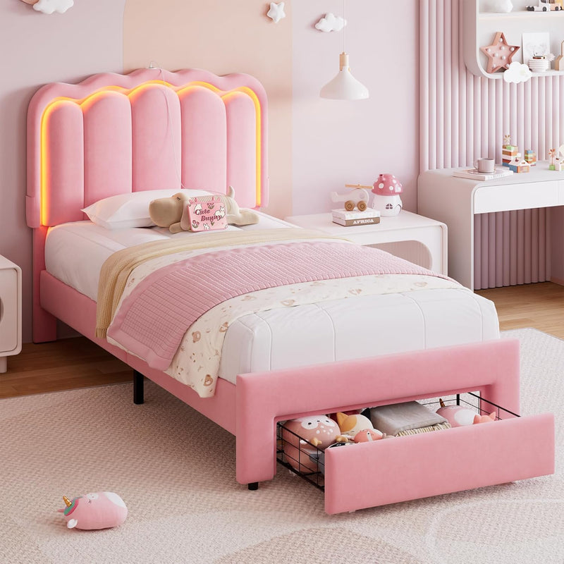 Advwin King Single LED Velvet Bed Frame Pink