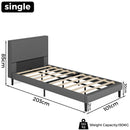 Gray single bed frame with dimensions and weight capacity on a white background