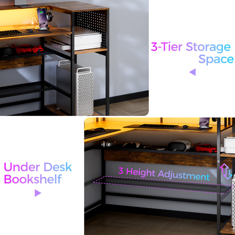 Advwin 150cm L Shaped Computer Desk w/ LED Lights