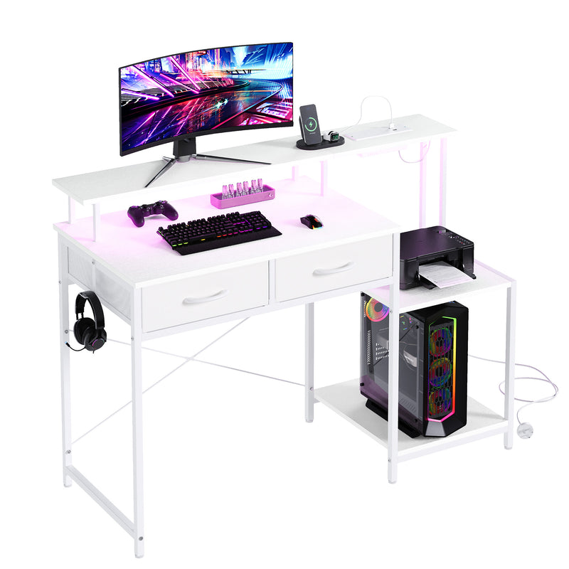 Advwin Gaming Desk with LED Lights Printer Storage Shelf
