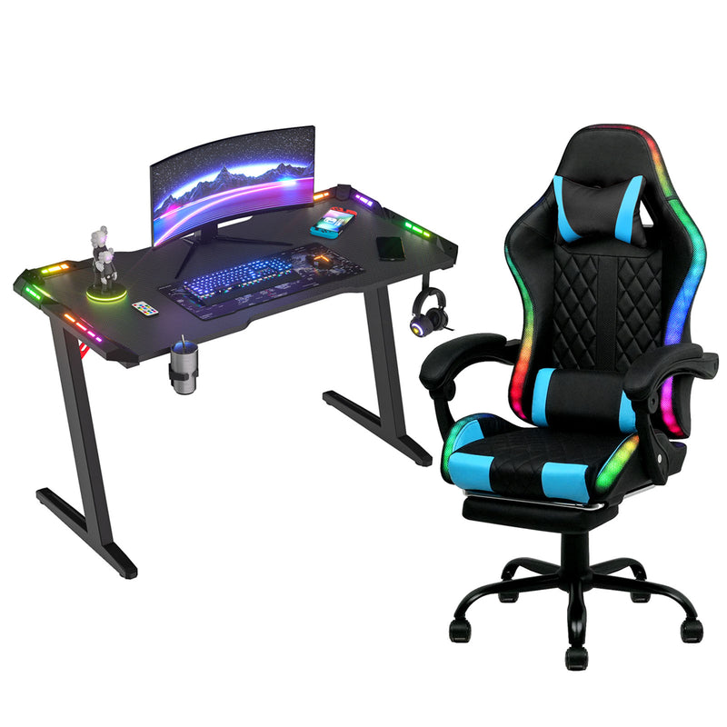 LED Light Gaming Desk & Gaming Chair Tilt 135° Red w/Footrest