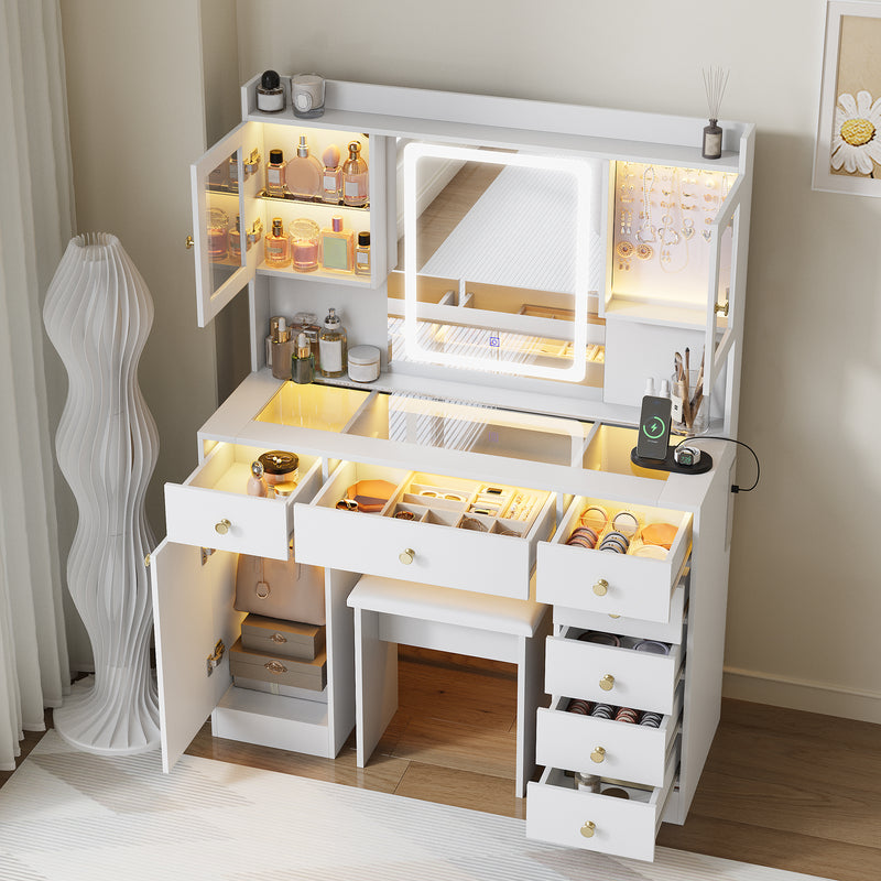 Advwin Dressing Table Set w/ Glass Desktop LED Light