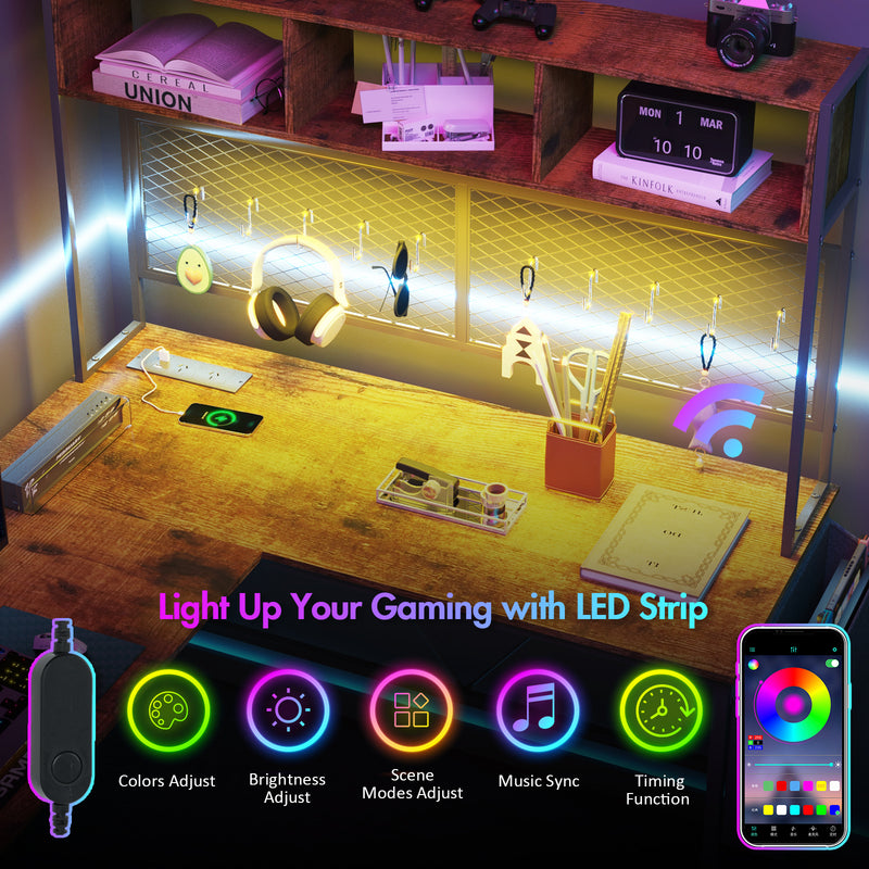 Advwin L Shaped Gaming Desk with LED Lights &  Storage Shelf