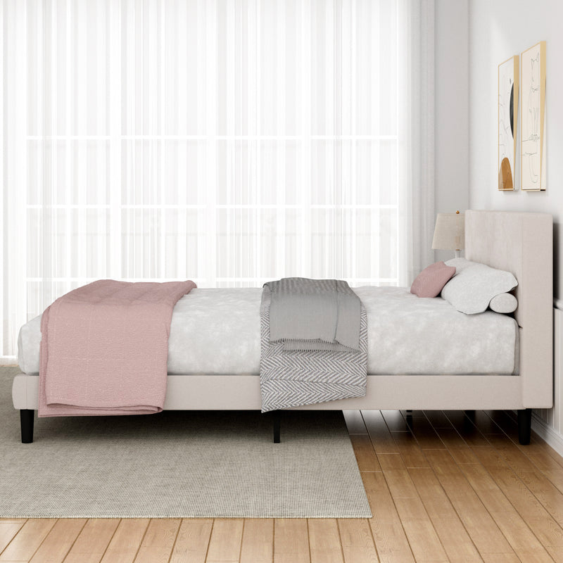 Advwin Bed Frame Mattress Base Upholstered Beige