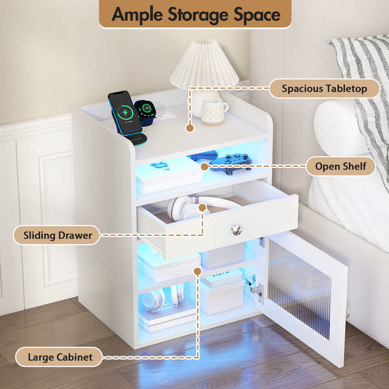 Advwin Bedside Table with Charging Station & LED Light