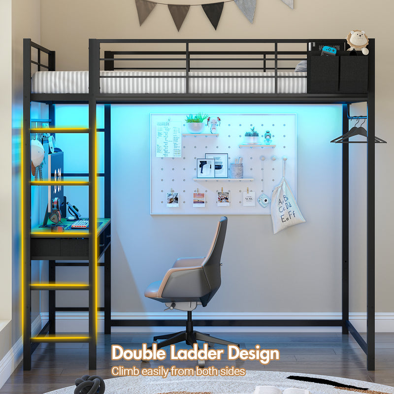 Advwin Loft Bed Frame with Desk & LED Lights