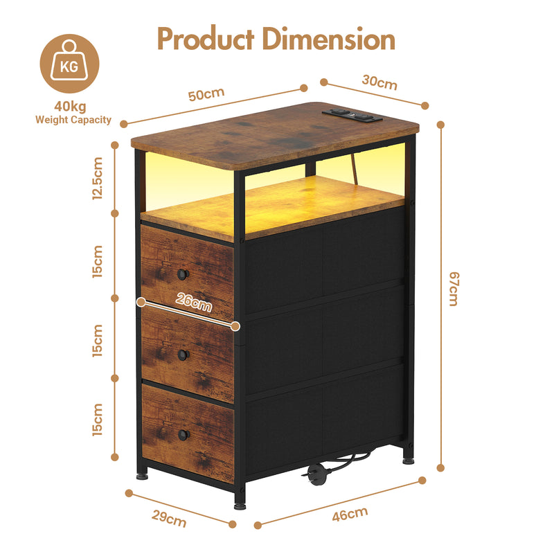 Advwin LED Narrow Bedside Table with Charging Station