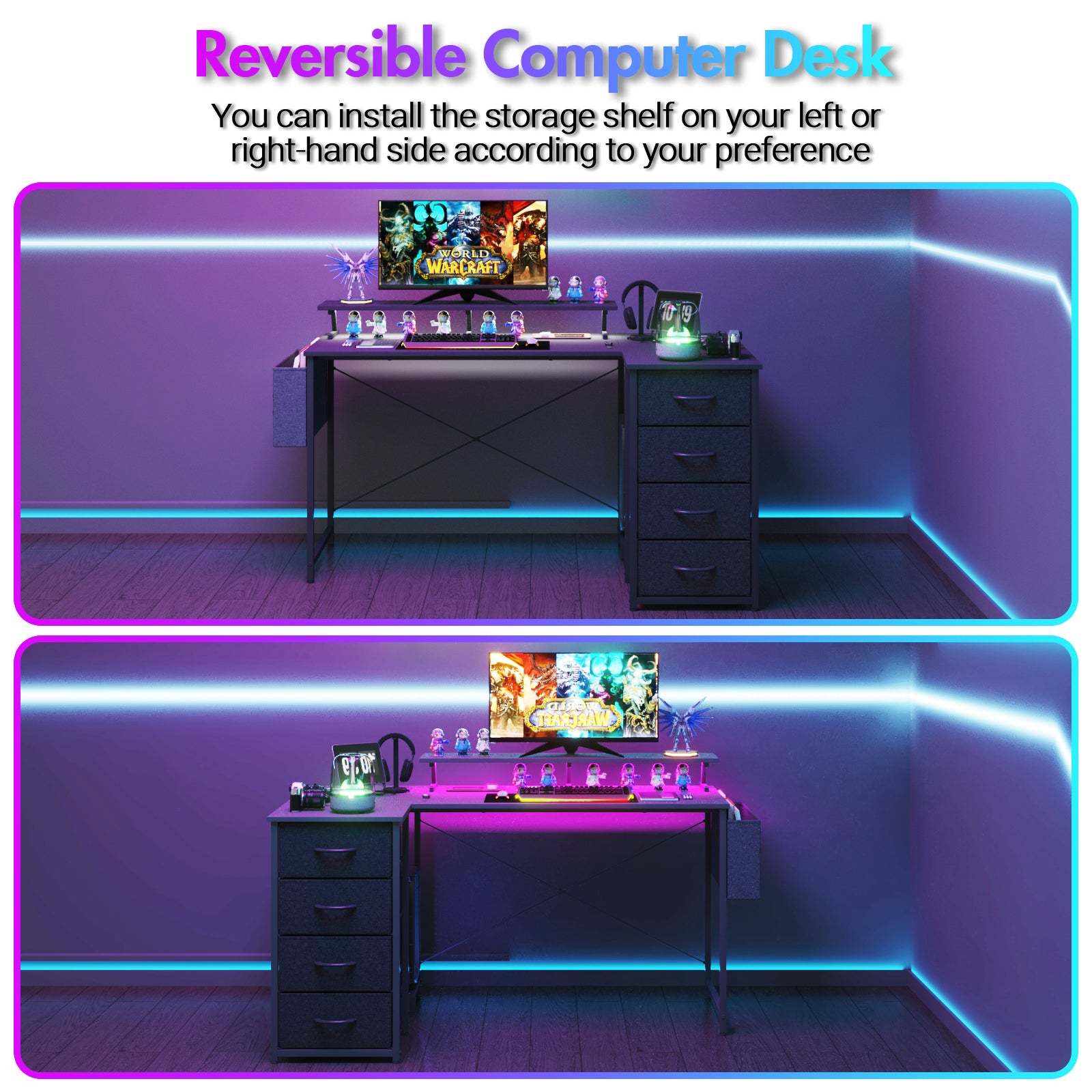 Advwin L Shaped Gaming Desk with LED Lights Black