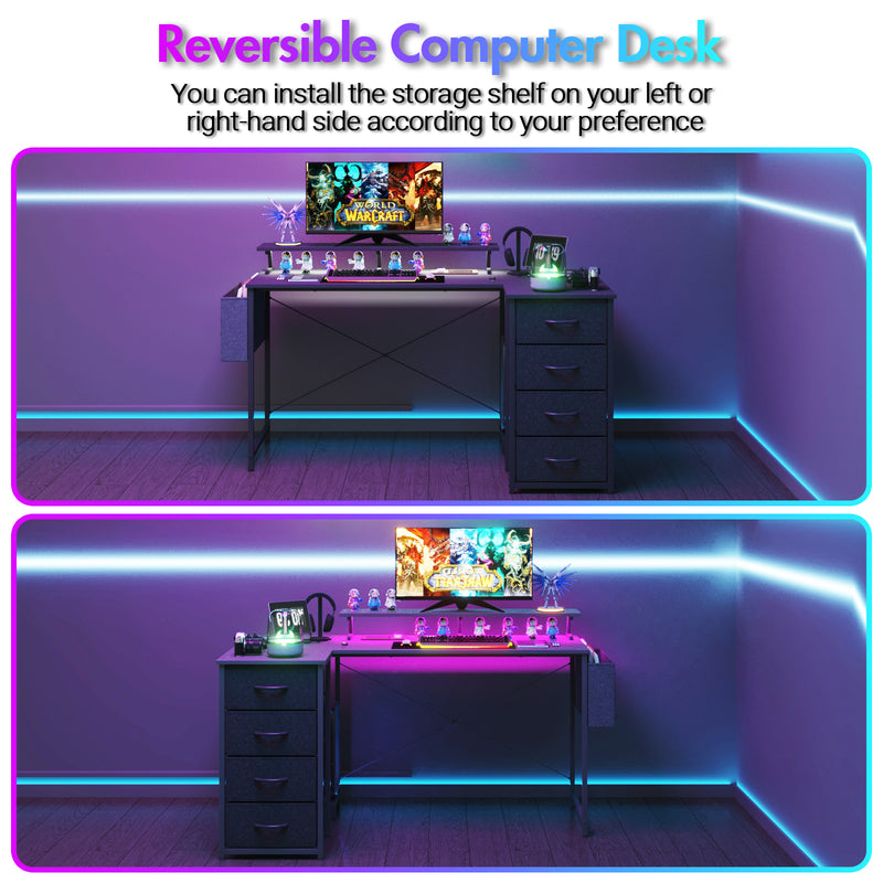 Advwin L Shaped Gaming Desk with LED Lights Black