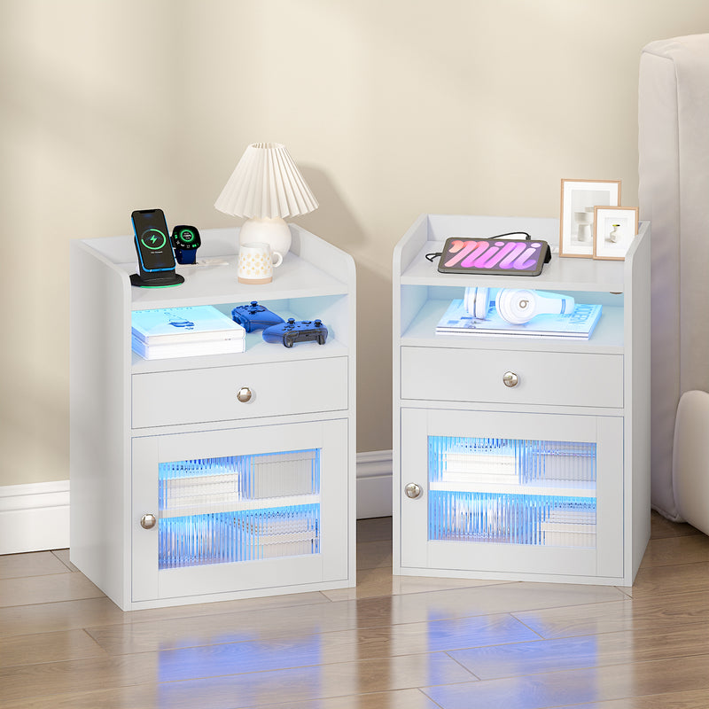 Advwin Bedside Table with Charging Station & LED Light