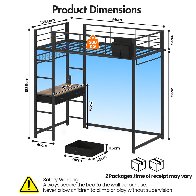 Advwin Loft Bed Frame with Desk & LED Lights
