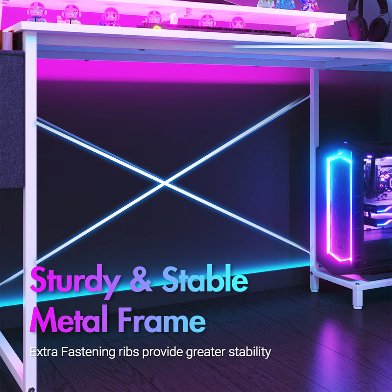 Advwin L Shaped Gaming Desk with LED Lights White
