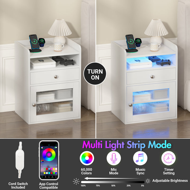Advwin Bedside Table with Charging Station & LED Light
