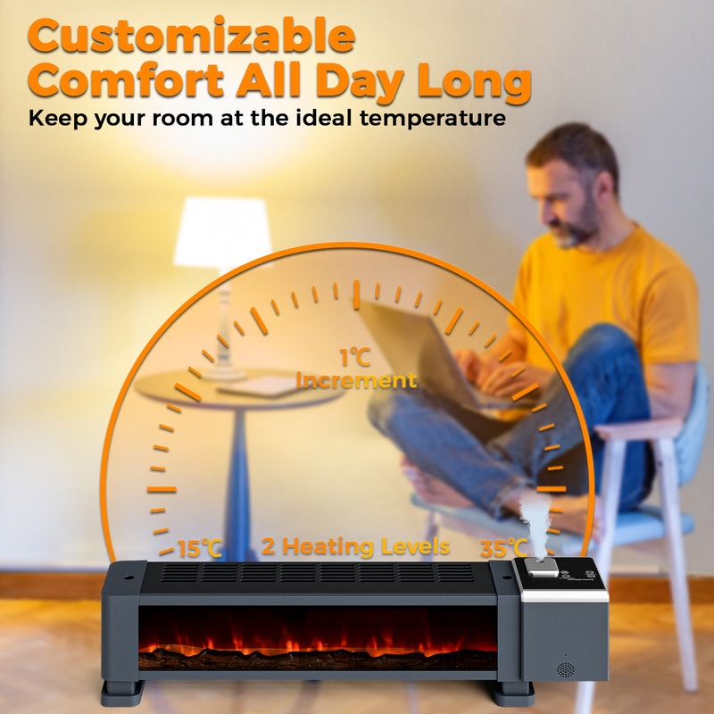 Advwin Baseboard Heater with 3D Flame 2200W Black